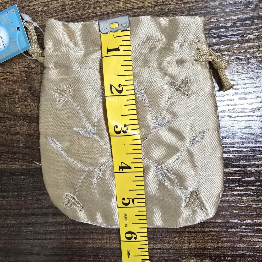 Gold Embroidered Satin Drawstring Pouch 4"x3.5" Spirit Of India Wedding Dance - Picture 7 of 7